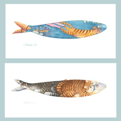 Gourmets of sardines 42x20cm. Cat diving. Set from the series My Sardines / ORIGINAL art Fish picture Cat illustration by Olha Malko