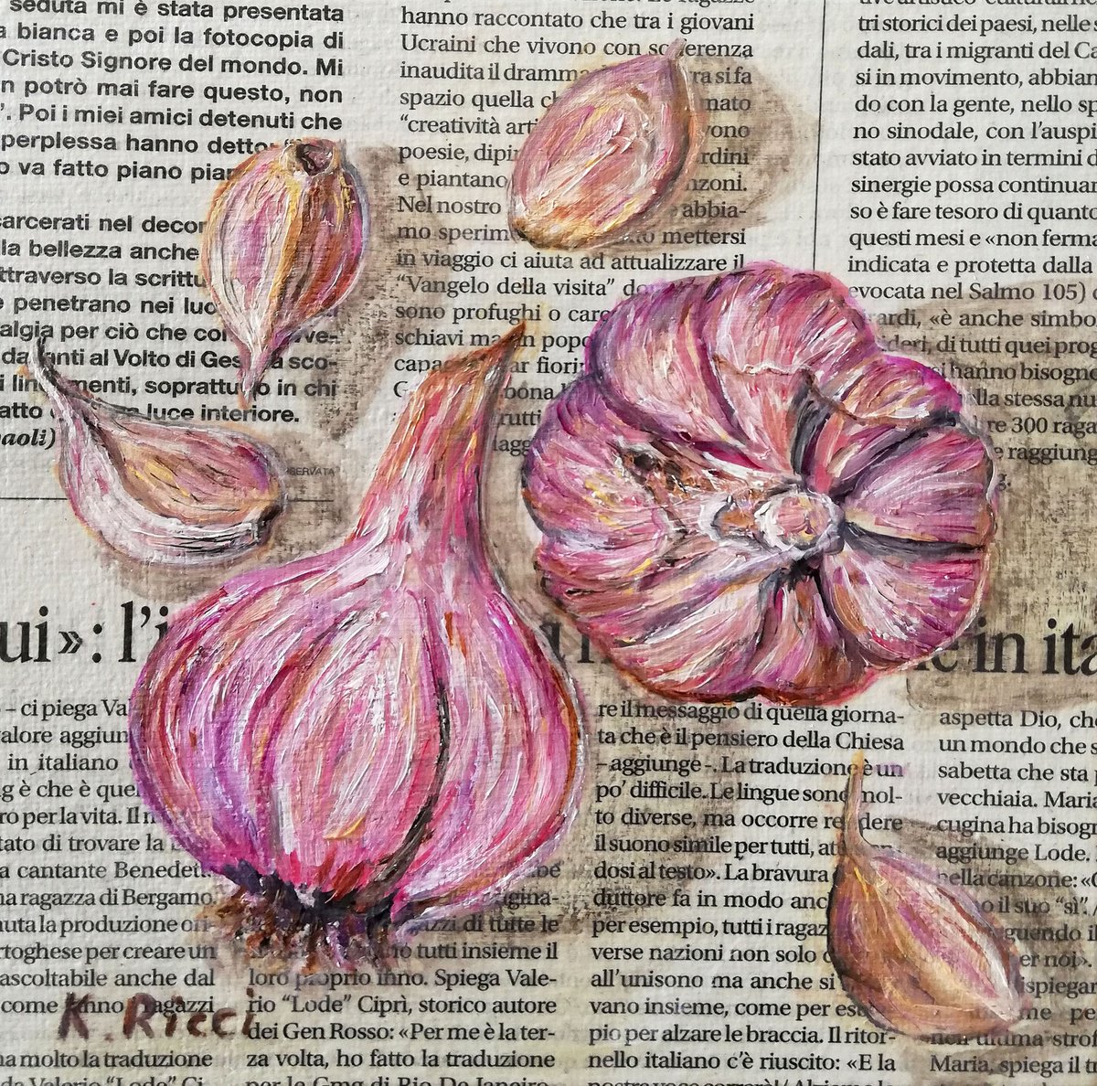 Garlic Cloves on Newspaper Original Oil on Canvas Board Painting 6 by 6 inches (15x15 cm... by Katia Ricci