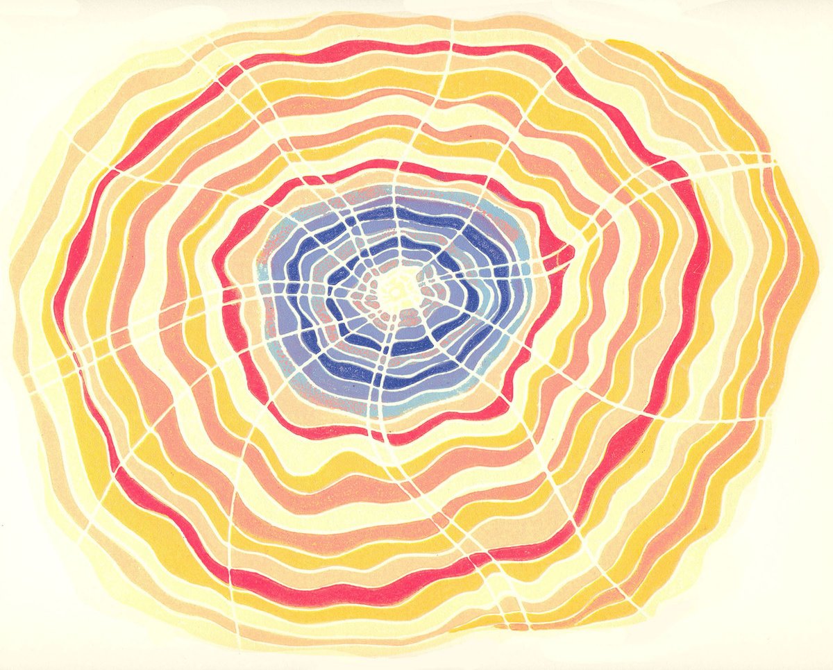 Abstract Linocut By Kate Goetz, 13 X 11", Bliss, Consciousness, Light, Original Artwork