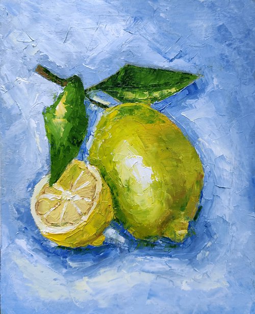 Lemon Painting Fruit Original Art Kitchen Artwork Citrus Wall Art Small Still Life Painting by Yulia Berseneva