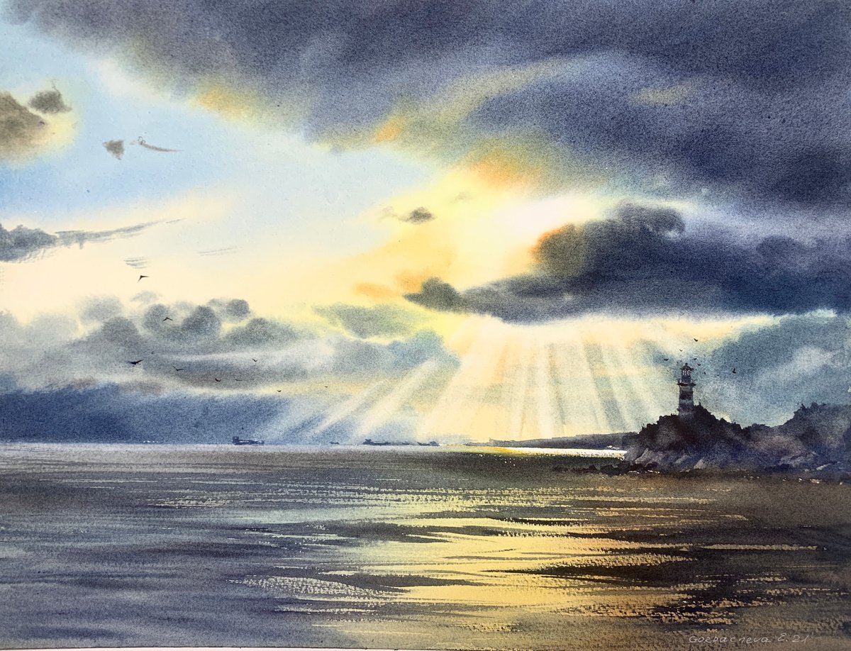 Impressionistic Landscape Watercolour By Eugenia Gorbacheva, 16 X 12, Lighthouse In The Sun, Original Artwork