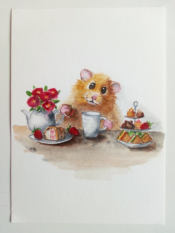 Hamster in Cafe with Coffee and Goodies