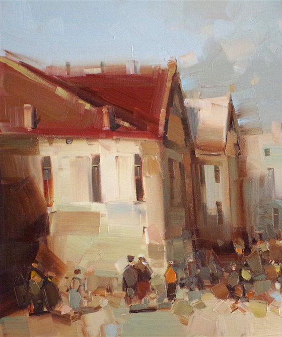 Cityscape, Figures on the Street, Original oil painting  Handmade artwork One of a kind, Signed