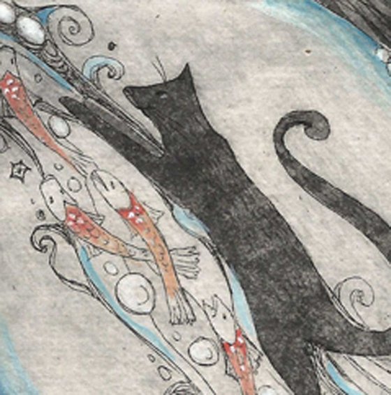 Cat with fish limited edition intaglio etching