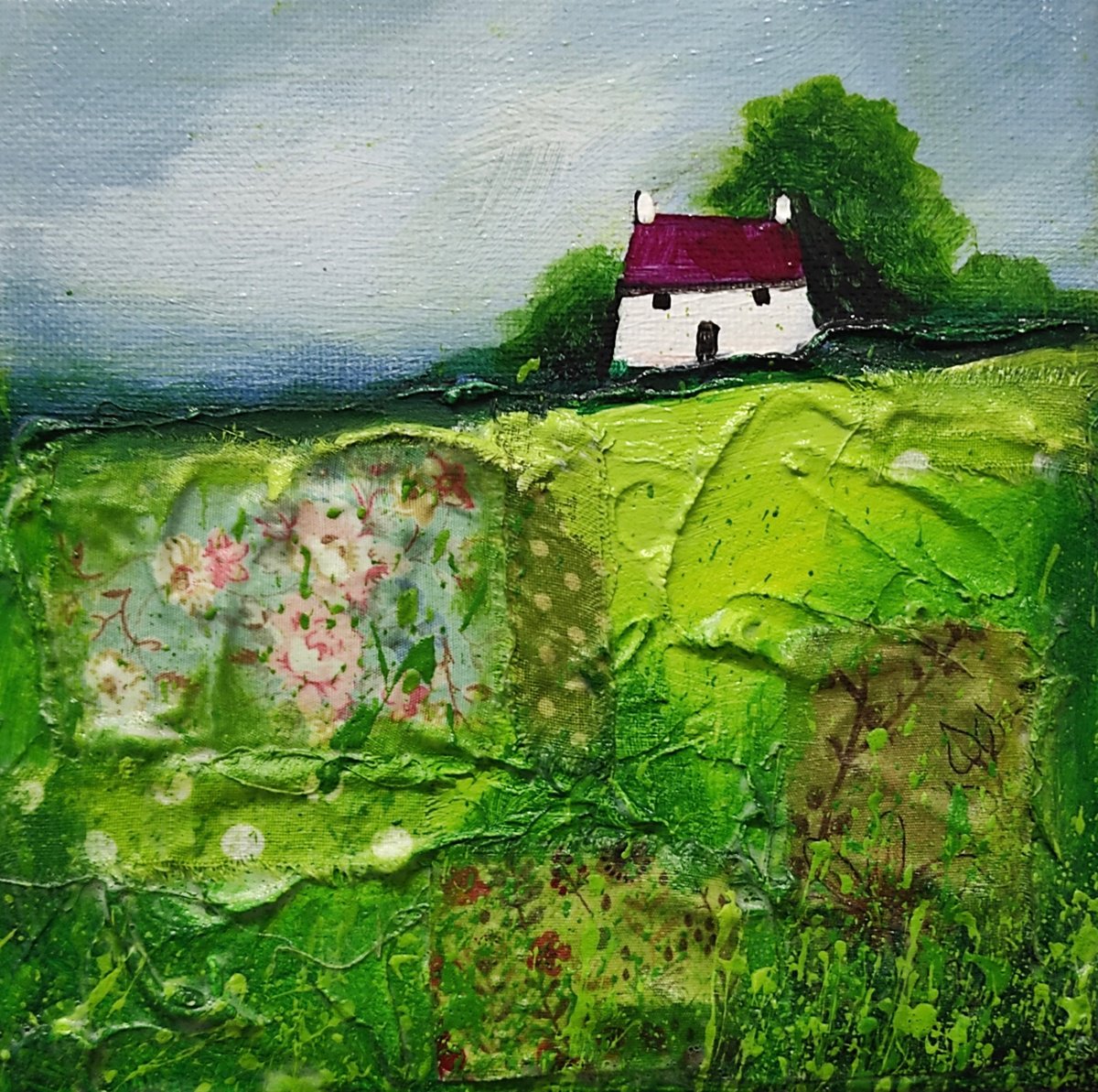 Little cottage on Green patchwork Field Textured Landscape by Jane Palmer Art