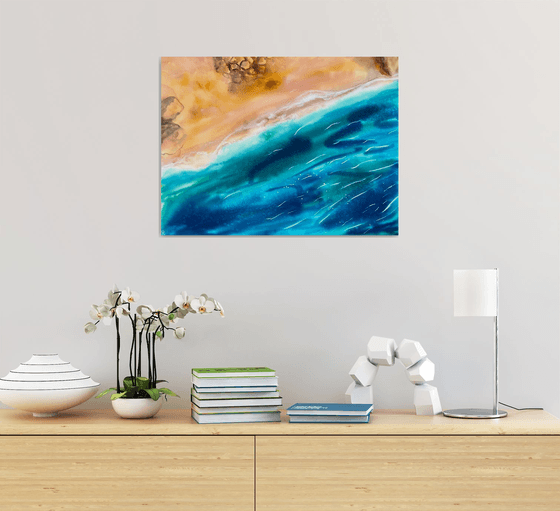 Ocean Original Watercolor Painting, Beach Wall Art, Coastal Landscape Artwork, Large Aerial Picture