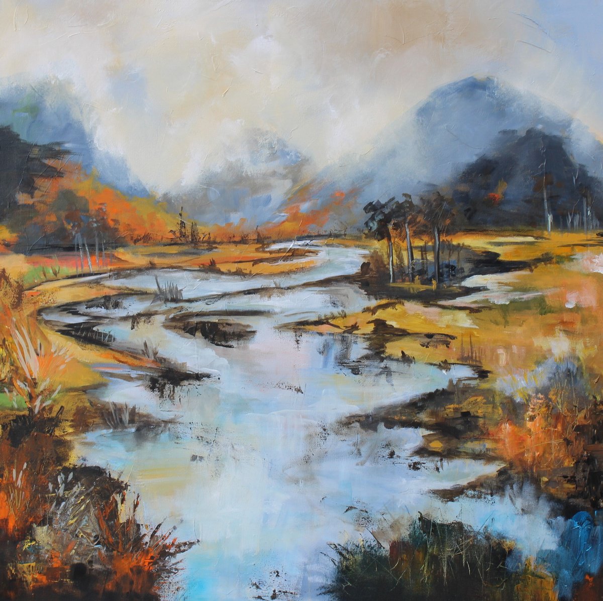 Impressionistic Landscape Acrylic Painting By Niyati Jiwani, 36 X 36", Golden Country, Original Artwork