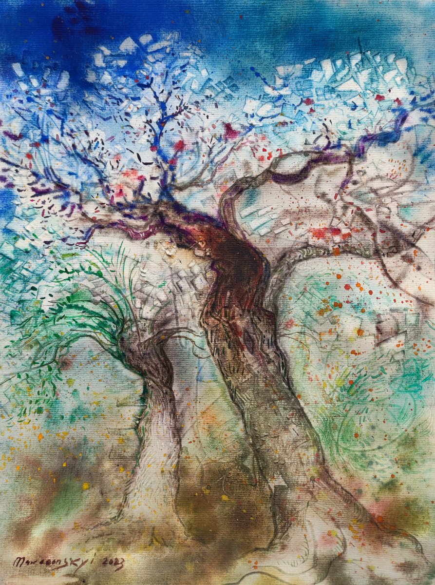 Impressionistic Landscape Watercolour By Pavlo Makedonskyi, 12 X 16", Old Apricot Trees Bloom, Original Artwork