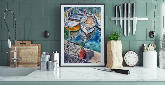 Boats in the port - colorful seascape original watercolor