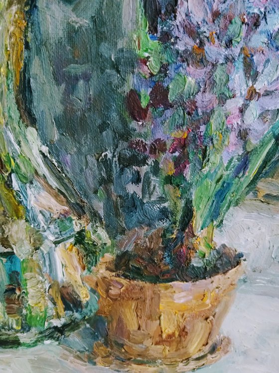 Hyacinth and daffodils. Original oil painting.