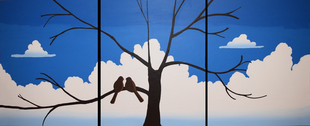 Impressionistic Animal Acrylic Painting By Stuart Wright, 48 X 20", Cute Love Birds Art, Original Artwork