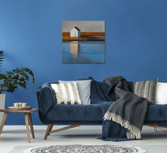 White Beach Hut Shed 30x30 inch 76x76 cm by Bo Kravchenko