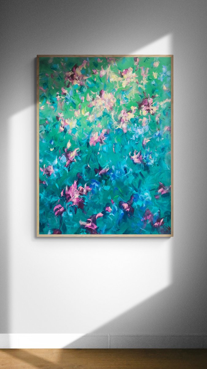 Organic Abstract Acrylic Painting By Katherine Spiller, 37 X 49", Dancing Blooms, Original Artwork