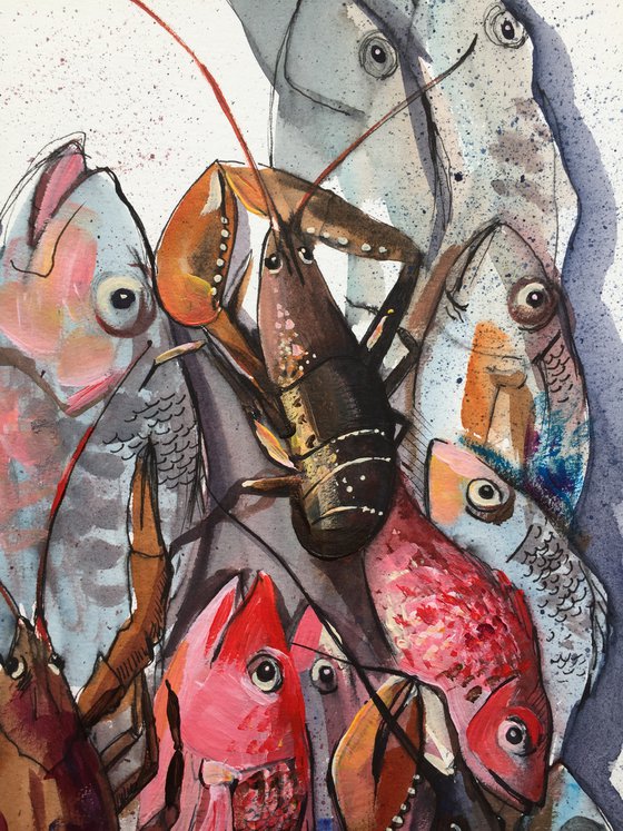 Fish and crayfish. Fish drawing