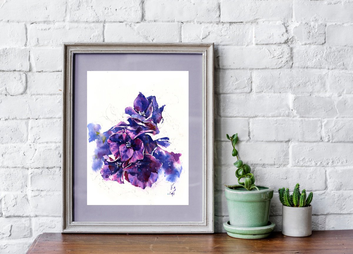 Dark Purple Hydrangea watercolour floral artwork by Ksenia Selianko