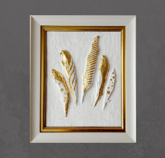 sculptural wall art "Golden feathers"