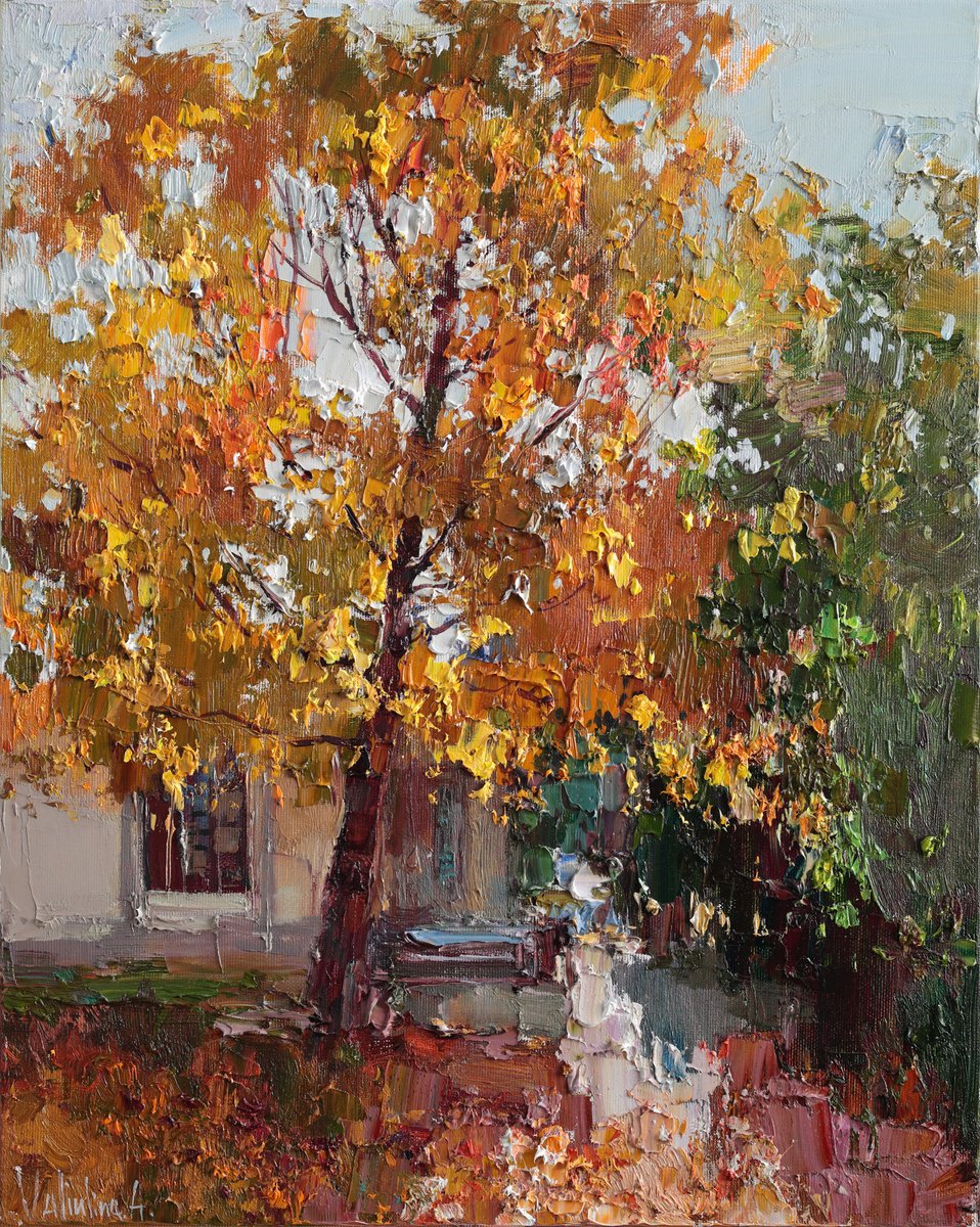 Impressionistic Landscape Oil Painting By Anastasiia Valiulina, 16 X 20, Autumn Tree, Original Artwork
