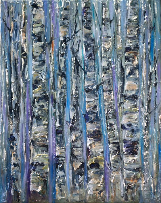 OLena Art Palette Knife Oil Painting Enchanted Forest Abstract of Birch Trees Trunks Artwork Wall Art for Living Room 16" x 20"x 0.5" Inches