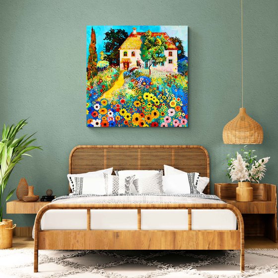 Sunny day with cozy house in colorful garden. Bright impressionistic fairytale floral landscape fantasy flowers. Hanging large positive relax naive fine art for home decor, inspiration by Matisse and Klimt