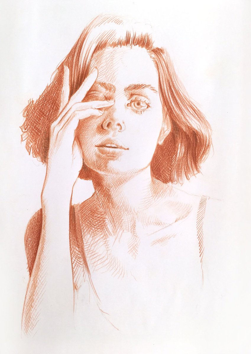 Expressive Portrait Pencil Drawing By Dario Moschetta, 8 X 11, Portrait 213 - Red Quietness, Original Artwork