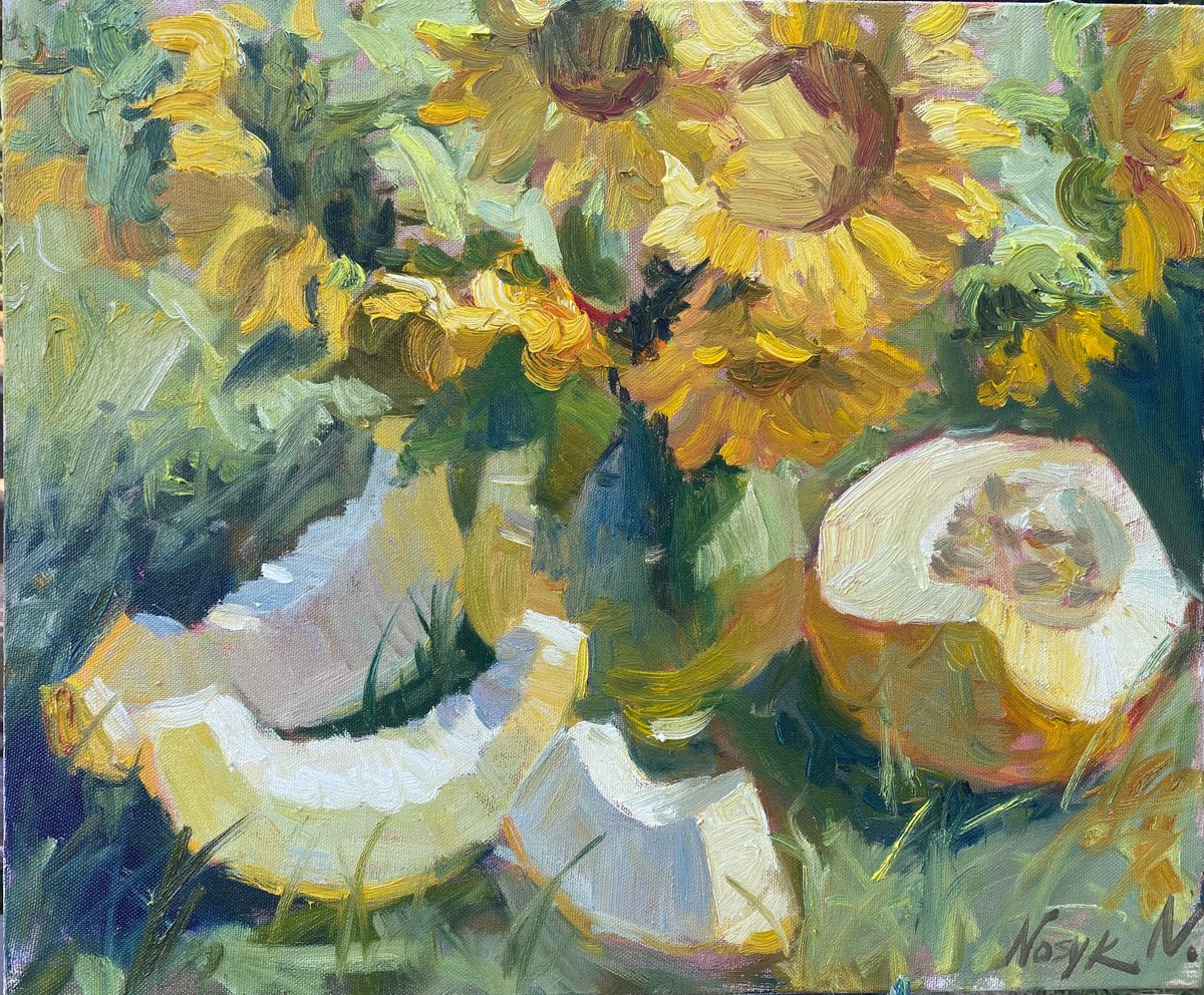 Sunflower and melon | still life modern original oil painting by Nataliia Nosyk