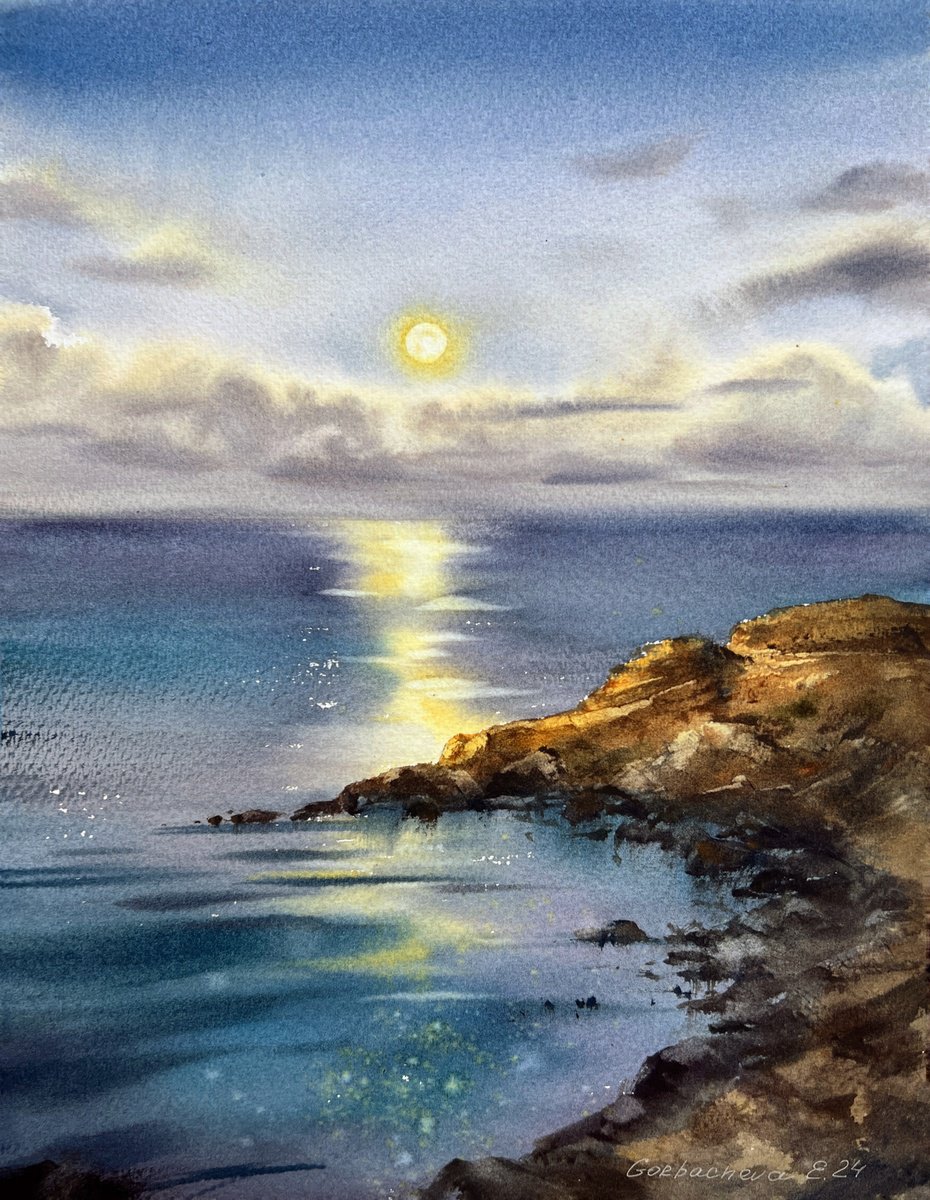 Impressionistic Watercolour , Full Moon #4 By Eugenia Gorbacheva, 9 X 12, Artwork For Sale On Artfinder