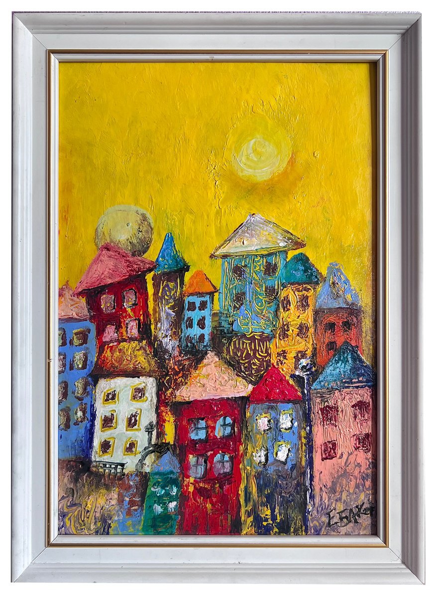 Illustrative Cityscapes Oil Painting By Eleonora Bakalova, 13 X 18, City - ? - ?Of Emotions, Original Artwork