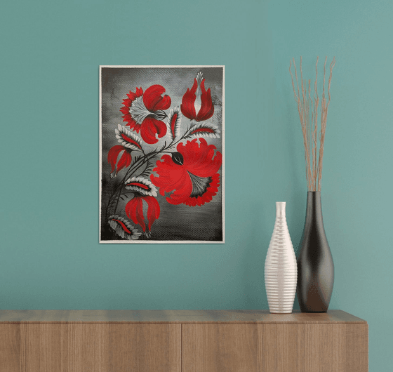 Modern Petrykivka Floral Ornament in Red and Black