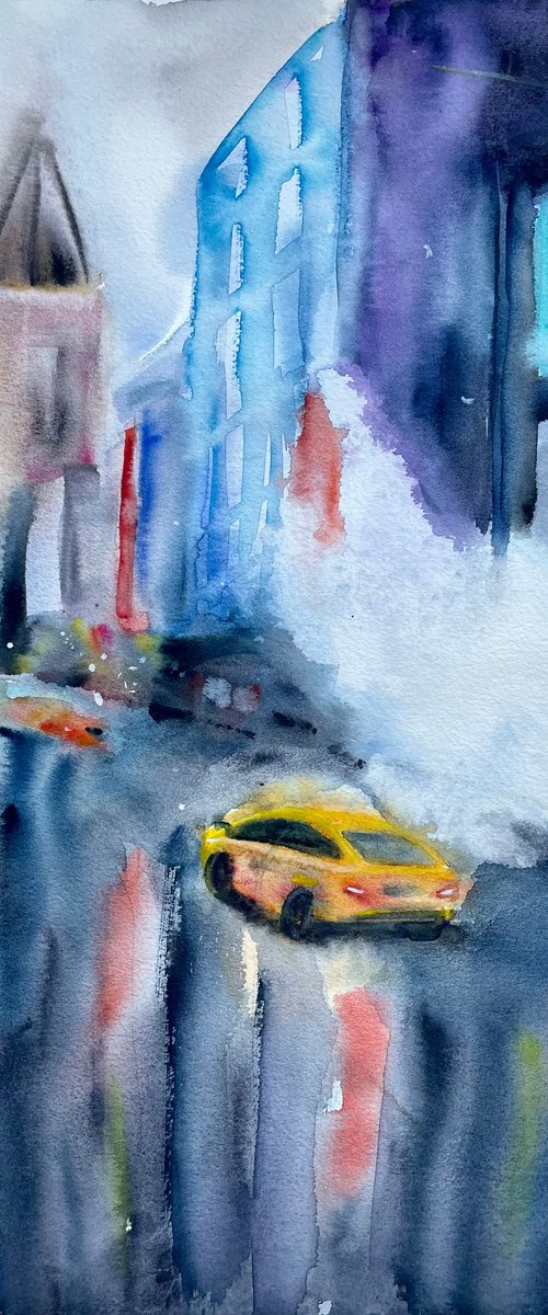 New York Watercolor Painting, Rainy City Original Artwork, NYC Artwork, Abstract Cityscape Art by Kate Grishakova