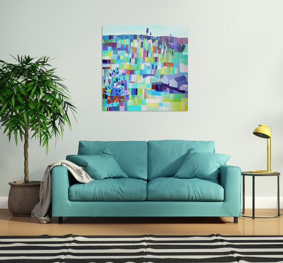 Patchwork landscape (large contemporary semi abstract painting, ready to hang abstract landscape)