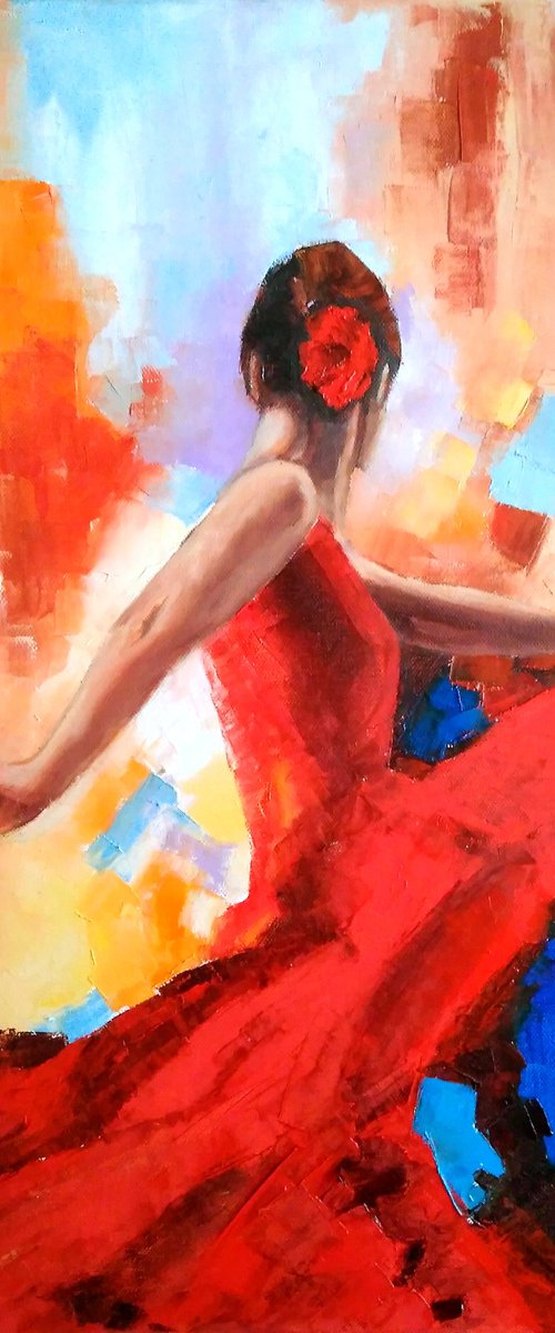 Flamenco dancer 4, Flamenco Dancer Painting Original Art Woman in Red Dress Artwork 40x50 cm ready to hang by Yulia Berseneva