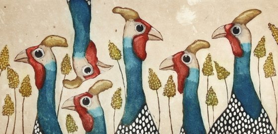 a gaggle of Guinea hens