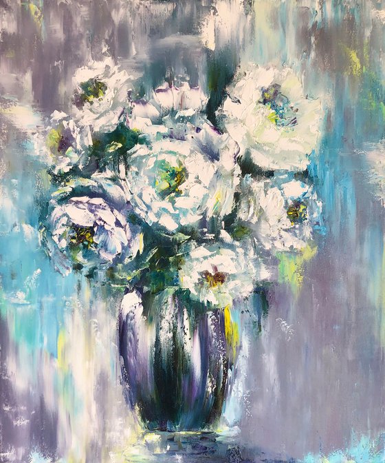 COLD HEART - Blue. Abstract flowers. Lush peonies. Bouquet. White. Freezing. Haze.