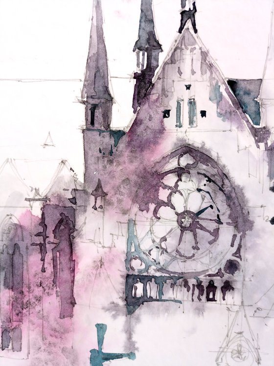 "Gothic cathedral towers in Apeldoorn, Netherlands" architectural landscape - Original watercolor painting
