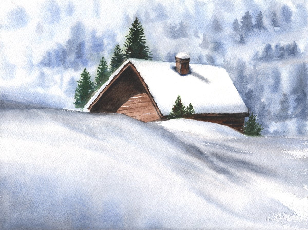 Impressionistic Landscape Watercolour By Maryna Boiko, 15 X 11", Among Snow, Original Artwork
