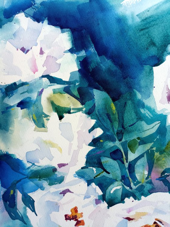 "Blooming white peonies in the evening" original botany watercolor artwork