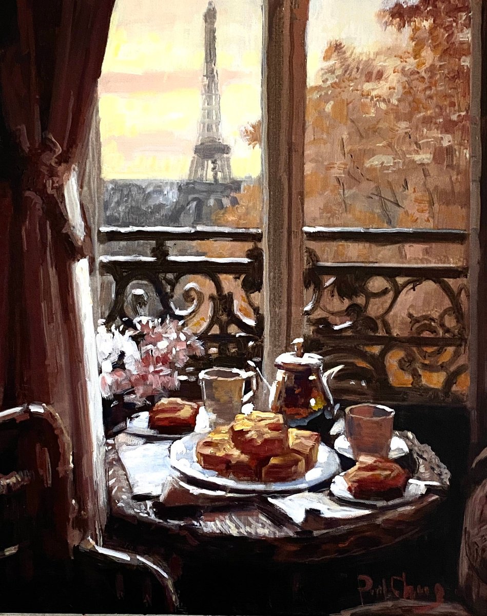 Impressionistic Cityscapes Acrylic Painting By Paul Cheng, 20 X 24", Parisian Breakfast, Original Artwork