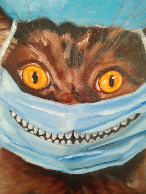 Lockdown cat, cat painting funny cat portrait 40x40 cm