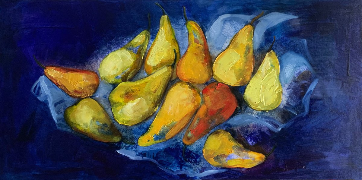 Impressionistic Still Life Oil Painting By Olga Pascari, 39 X 20", Still Life With Pears, Original Artwork