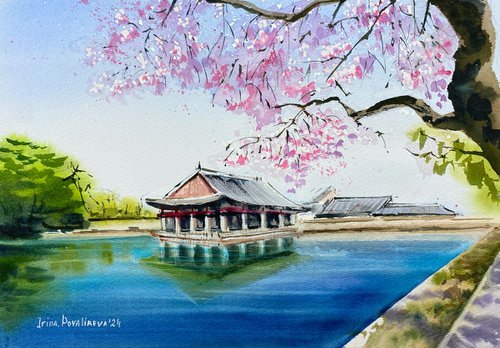 Spring Blossoms at Gyeongbokgung Palace original watercolor painting, blossom decor by Irina Povaliaeva