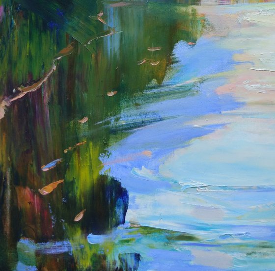 By the lake. Reflection of the sky in the water . Original oil painting