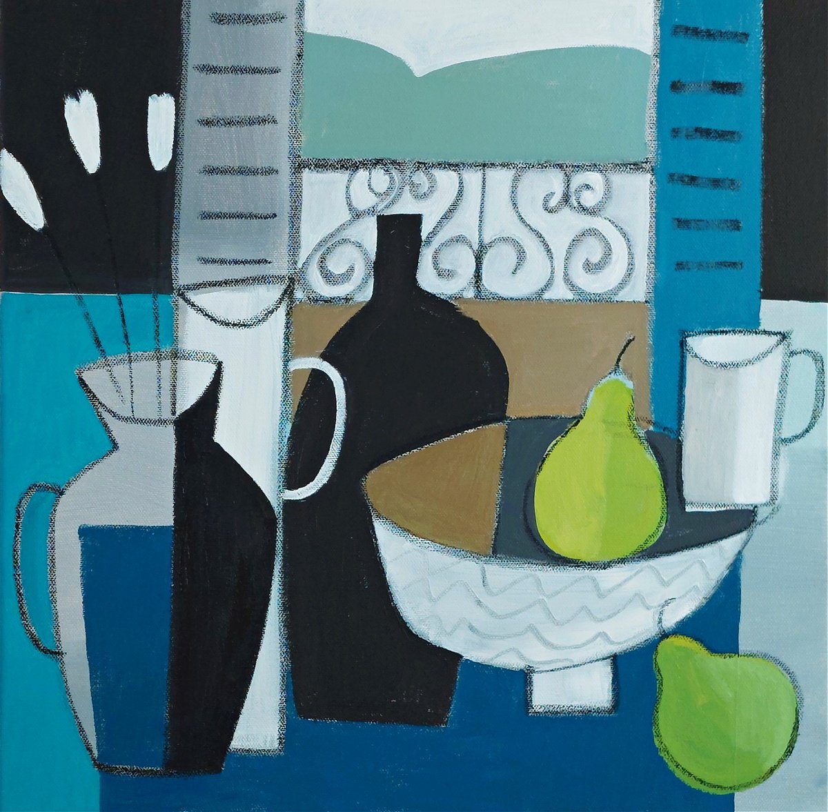 Abstract Still Life Acrylic Painting By Jan Rippingham, 16 X 16, Still Life & 2 Pears Iii, Original Artwork