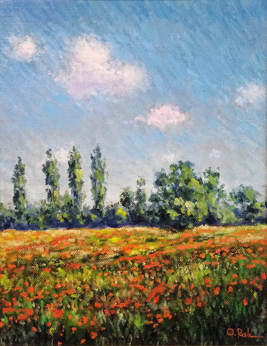 Impressionistic Landscape Oil Painting By Oleh Rak, 16 X 20", Poppy Field At Noon, Original Artwork