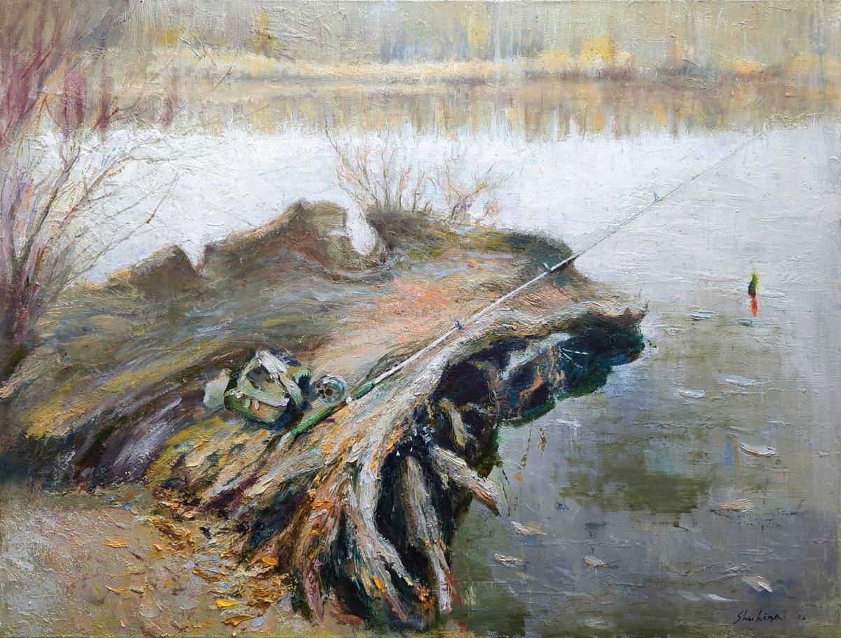 Oil Painting , Appeasement On The River. Fishing By Helen Shukina, 31 X 24, Artwork For Sale On Artfinder
