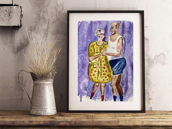 Couple Painting Dance Original Art Dancing Watercolor Artwork People Home Wall Art 10 by 14" by Halyna Kirichenko