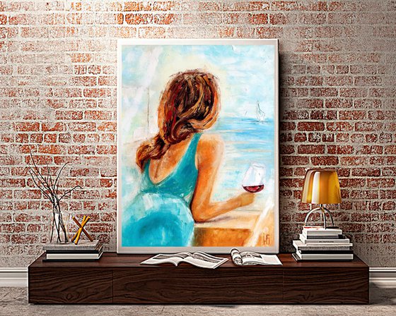 My Summer, Original Oil Painting Palette Knife Girl Window Sea 40x50 cm ready to hang