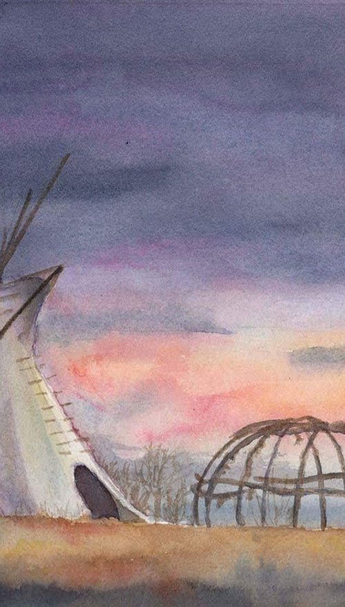 Peace Valley - Regina Saskatchewan Canada, Teepee, sweat lodge, original watercolor by Jason Edward Doucette