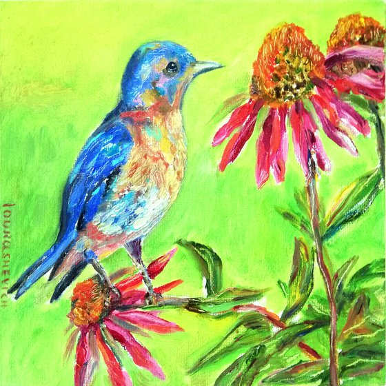 Bird Canvas Painting 8x8 in Oil,Green Miniature,Red Bloom,Original Handmade Artwork,Fantasy Garden,Sweet Portrait,Navy Blue Aesthetic Art