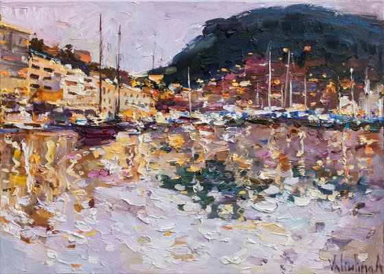 Sailing yachts in Monaco bay - Original oil painting