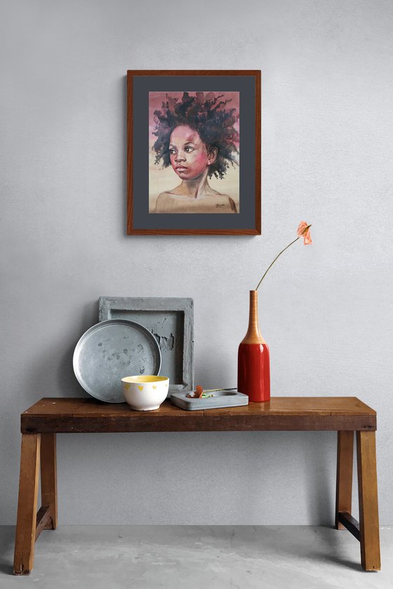 Portrait of a dark-skinned girl. Black girl, portrait painting